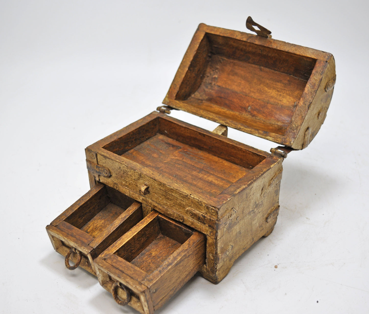 Vintage Wooden Half Round Storage Box Original Old Hand Crafted Metal Fitted