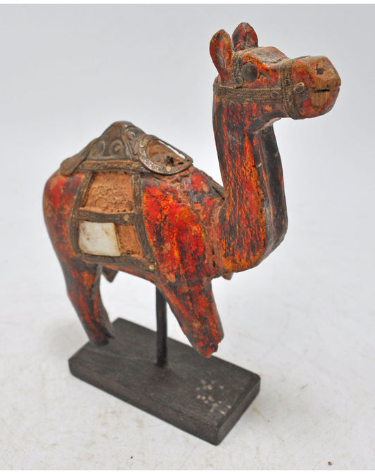 Vintage Wooden Camel Figurine Original Old Hand Carved Metal Fitted