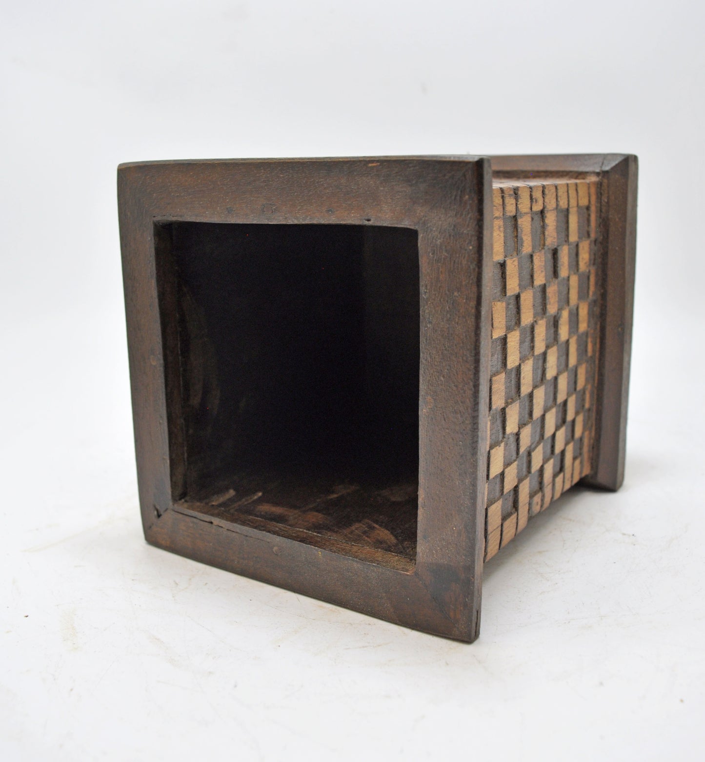 Vintage Wooden Square Planter Pot Original Old Hand Crafted Carved