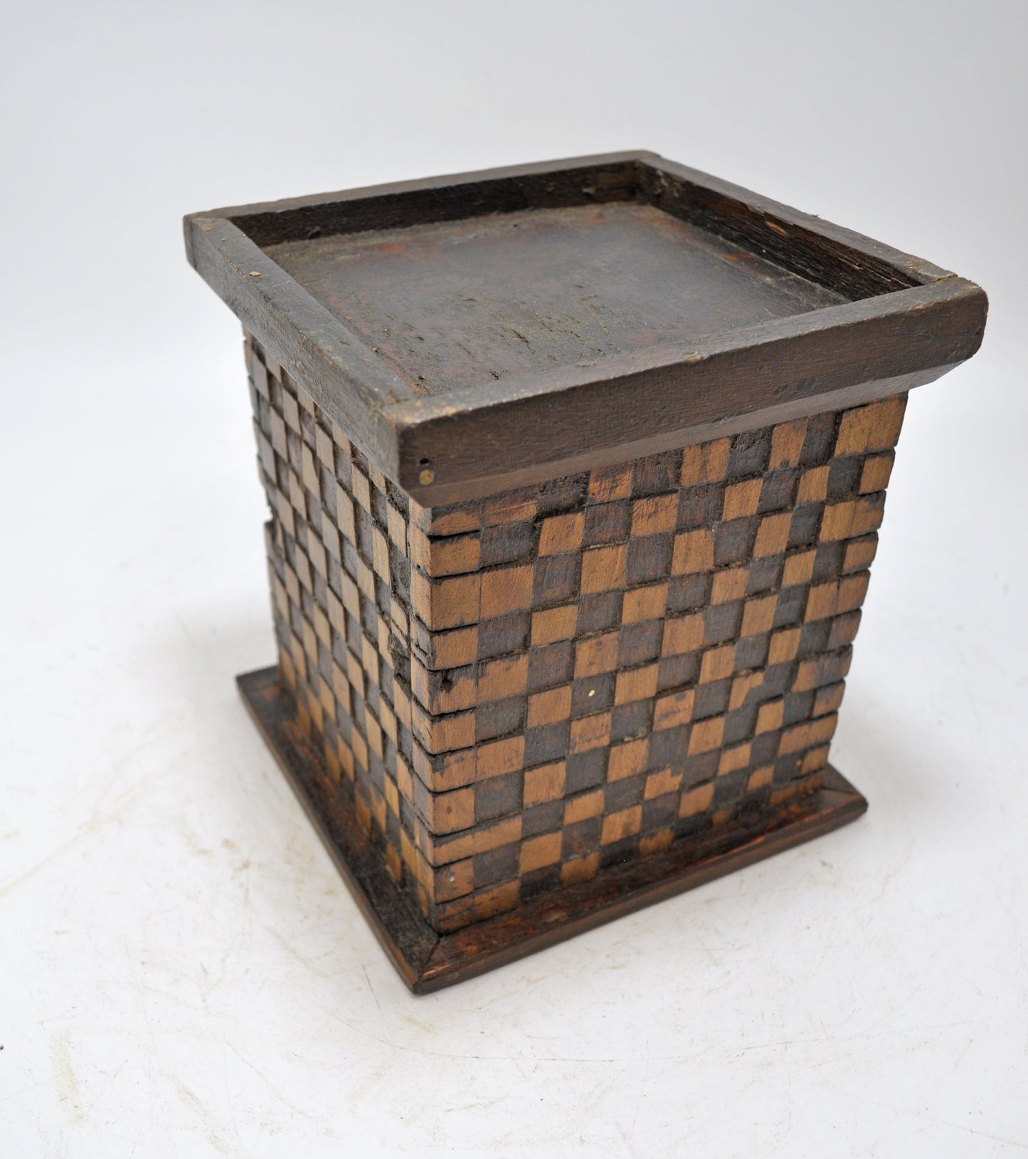 Vintage Wooden Square Planter Pot Original Old Hand Crafted Carved