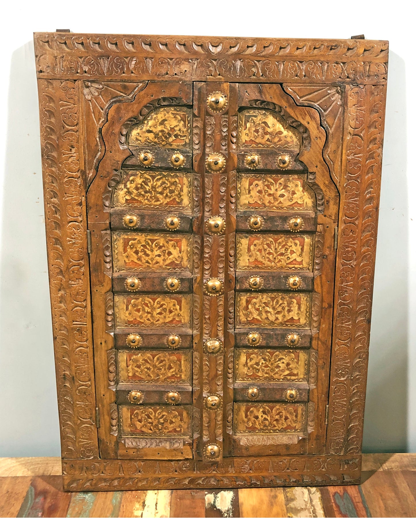 Antique Wooden Large Wall Décor Window Panel Frame Fine Carved Brass Copper Fitted