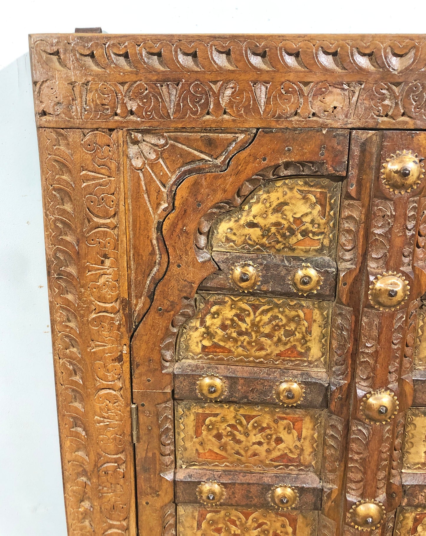 Antique Wooden Large Wall Décor Window Panel Frame Fine Carved Brass Copper Fitted