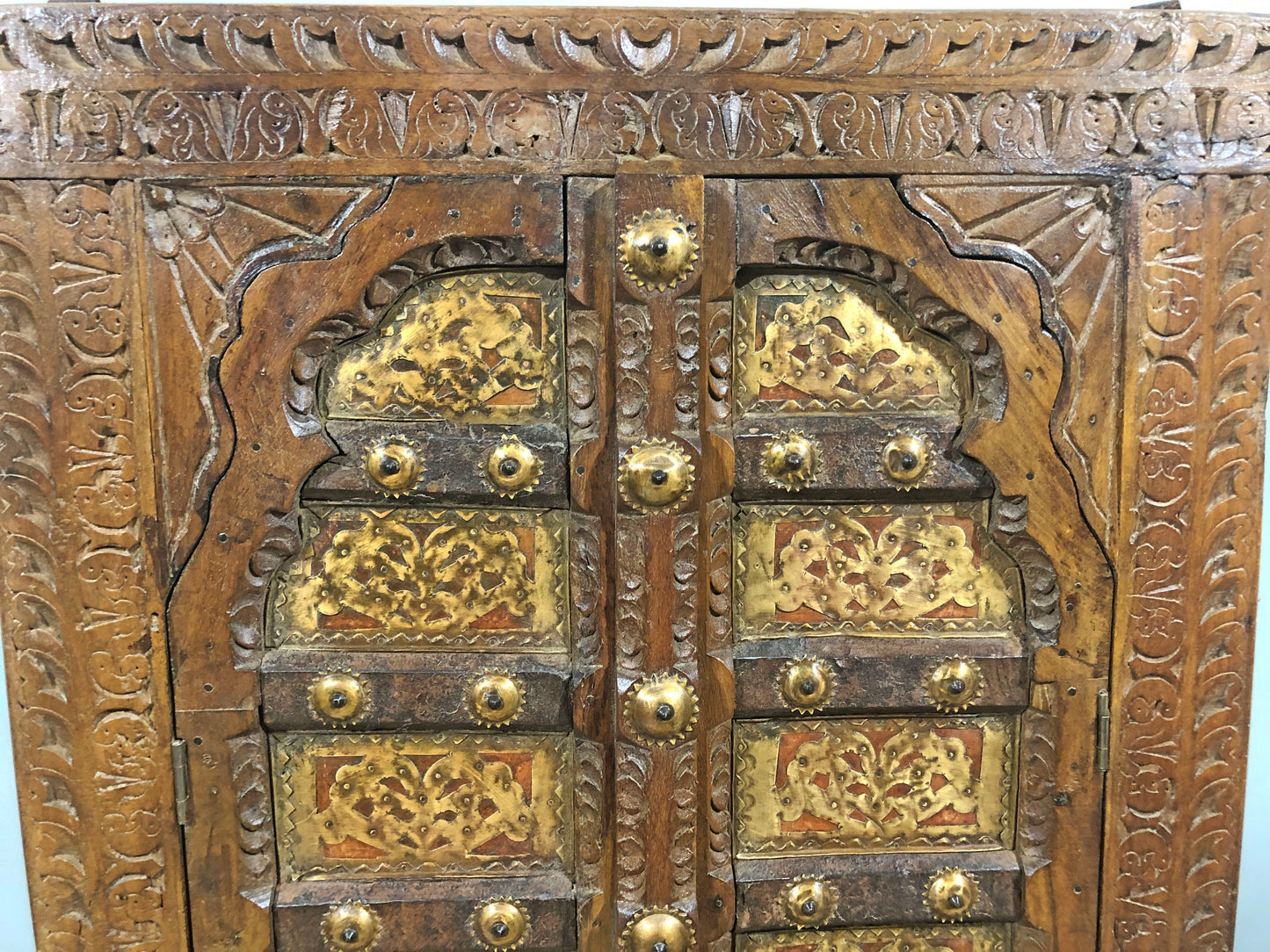 Antique Wooden Large Wall Décor Window Panel Frame Fine Carved Brass Copper Fitted