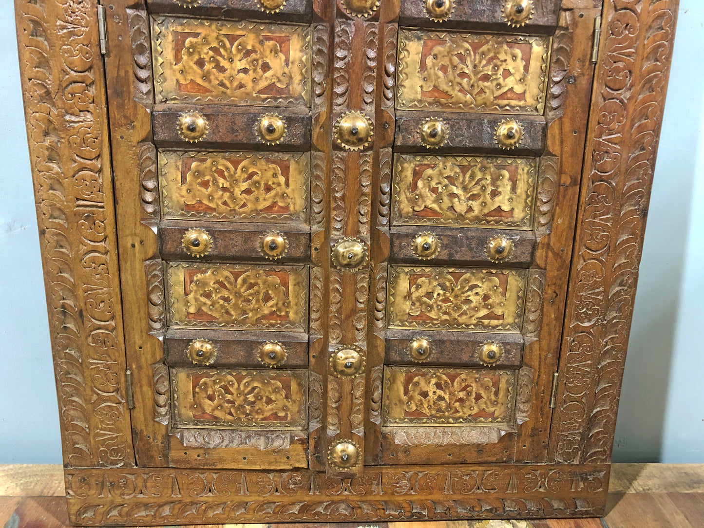 Antique Wooden Large Wall Décor Window Panel Frame Fine Carved Brass Copper Fitted