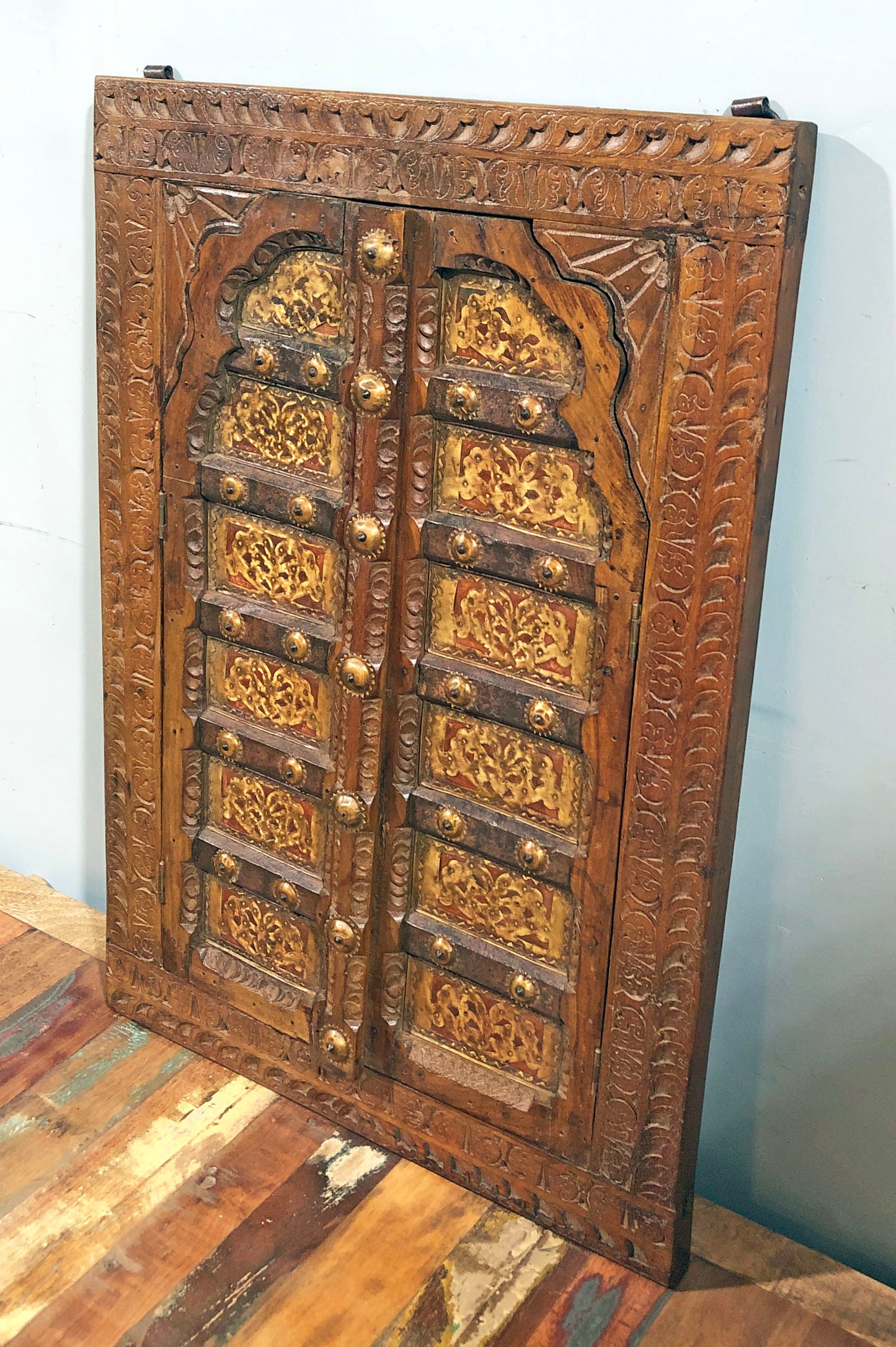 Antique Wooden Large Wall Décor Window Panel Frame Fine Carved Brass Copper Fitted