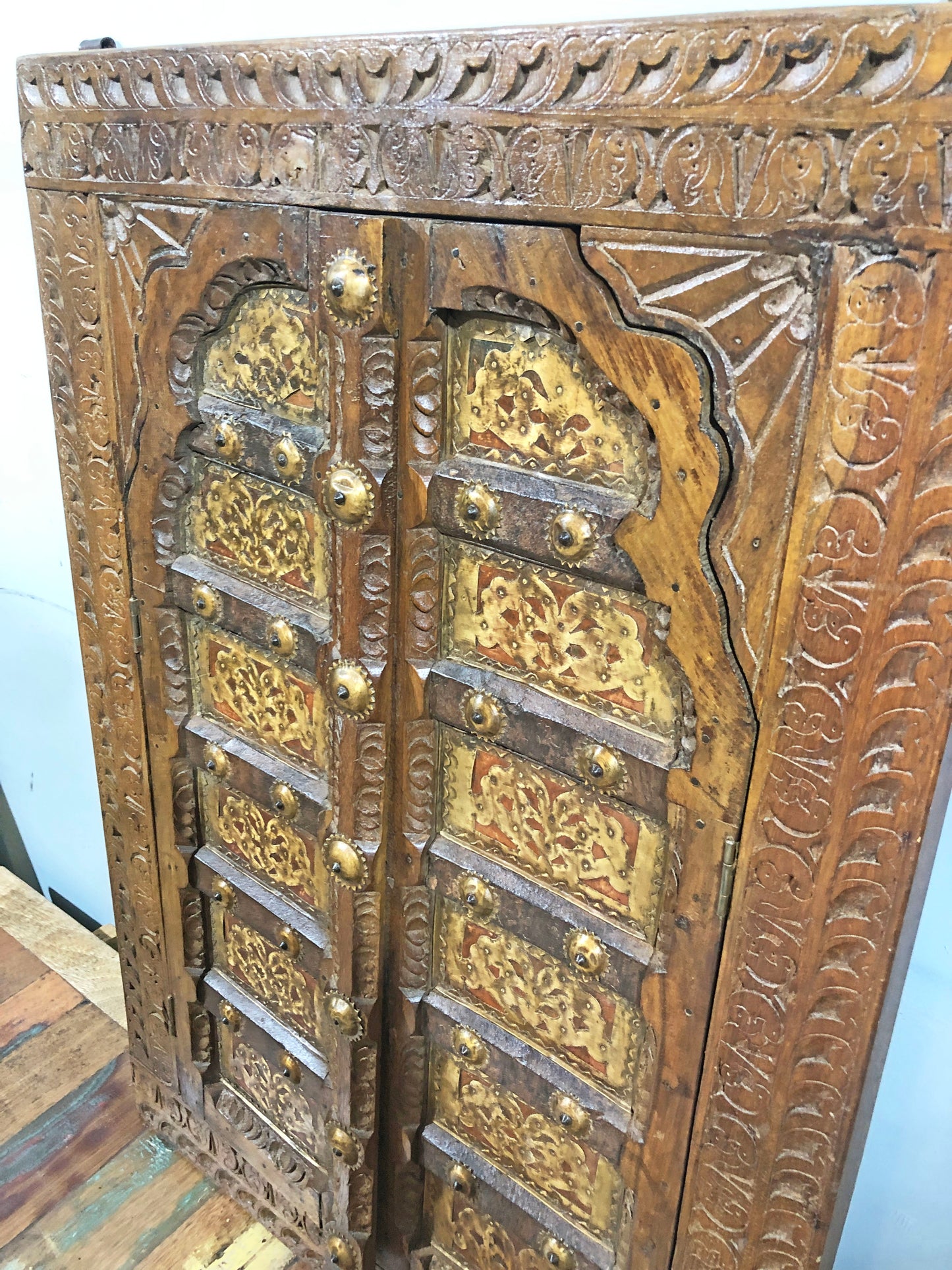 Antique Wooden Large Wall Décor Window Panel Frame Fine Carved Brass Copper Fitted