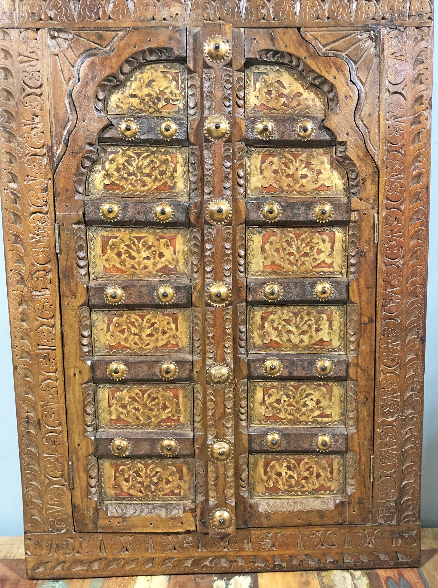 Antique Wooden Large Wall Décor Window Panel Frame Fine Carved Brass Copper Fitted