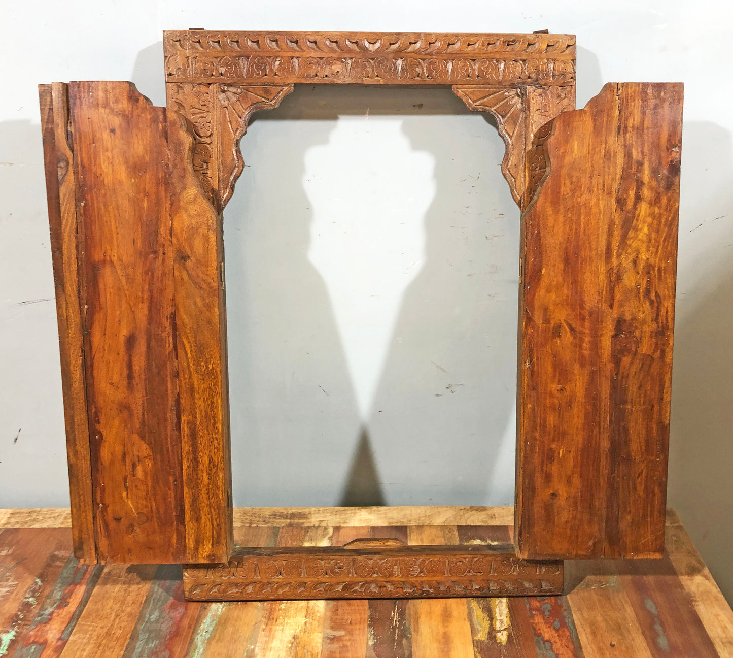 Antique Wooden Large Wall Décor Window Panel Frame Fine Carved Brass Copper Fitted