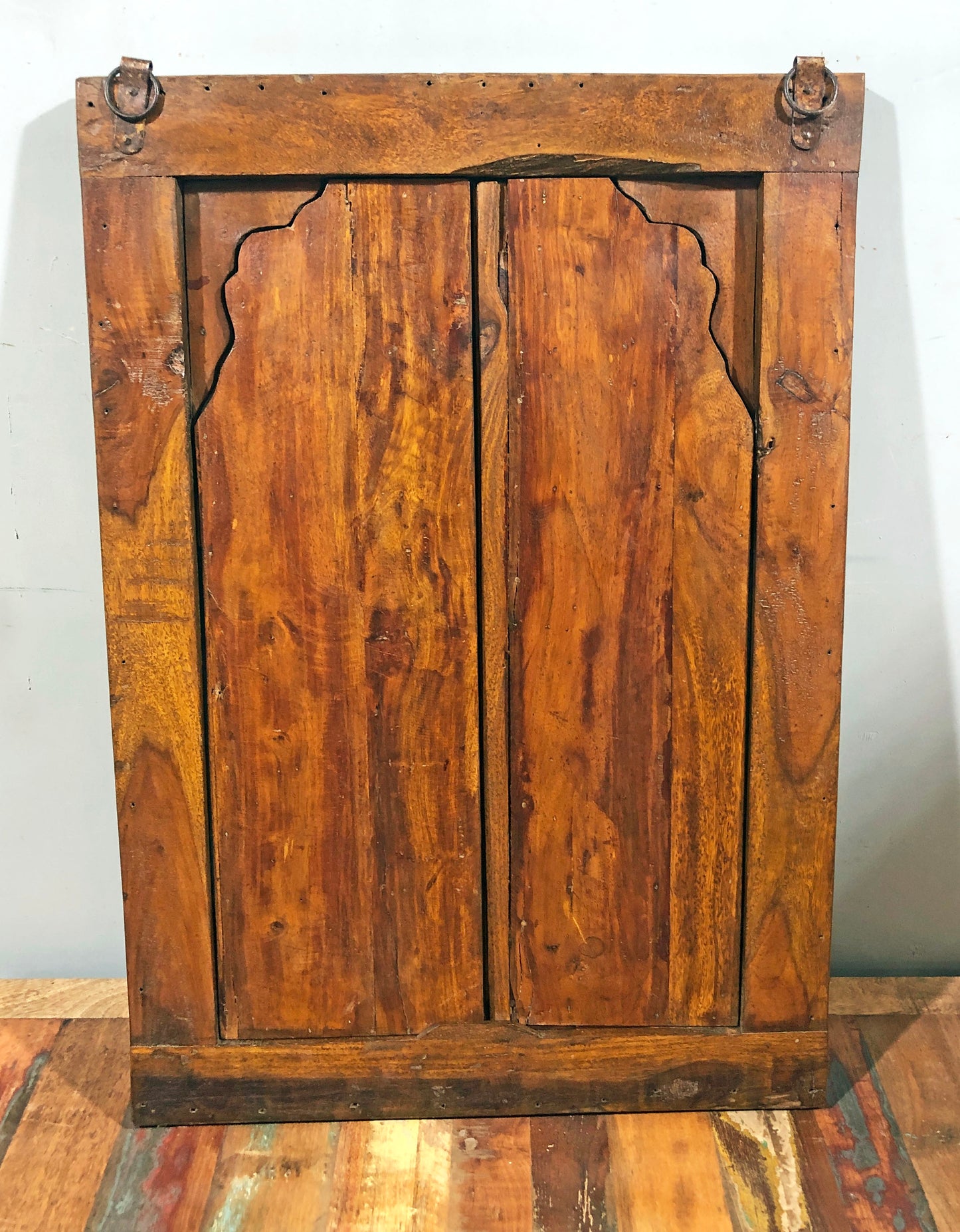 Antique Wooden Large Wall Décor Window Panel Frame Fine Carved Brass Copper Fitted