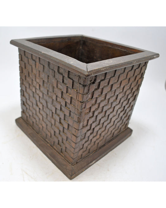 Vintage Wooden Square Planter Pot Original Old Hand Crafted Carved