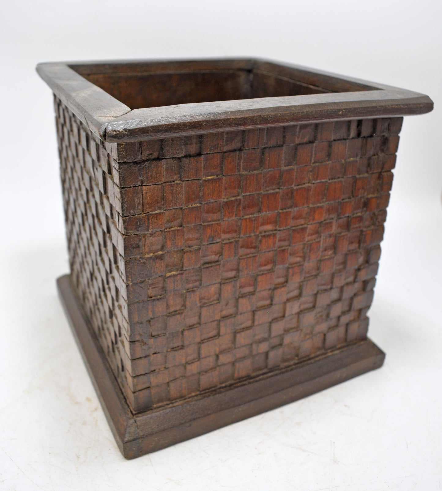Vintage Wooden Square Planter Pot Original Old Hand Crafted Carved