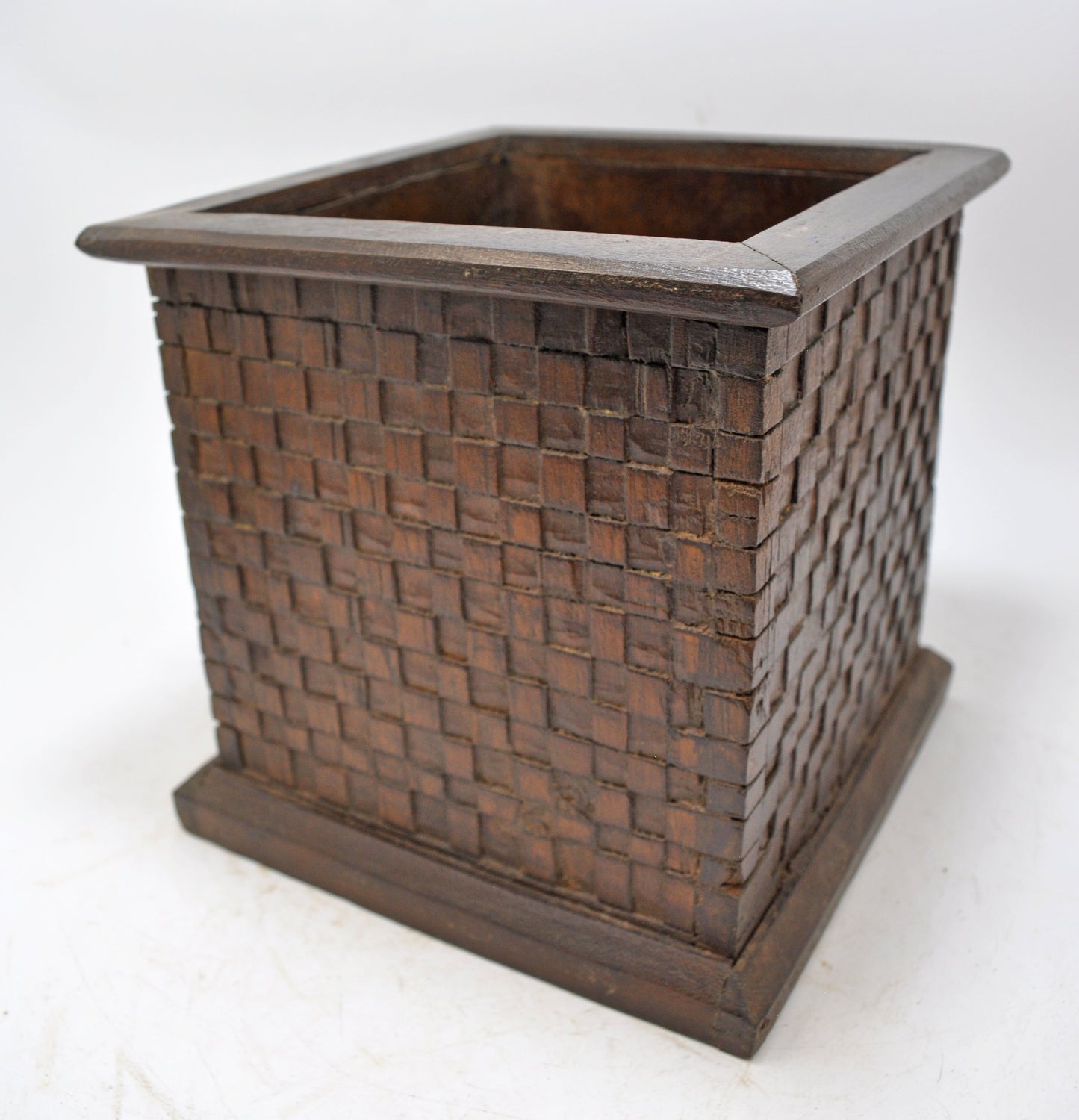 Vintage Wooden Square Planter Pot Original Old Hand Crafted Carved
