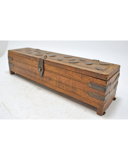 Vintage Wooden Pencil Stationary Box Original Old Hand Crafted Metal Fitted