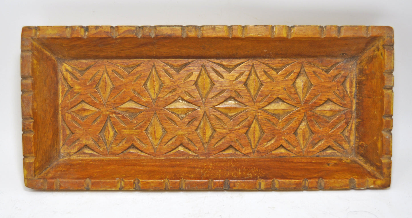 Vintage Wooden Rectangle Serving Tray Original Old Hand Carved