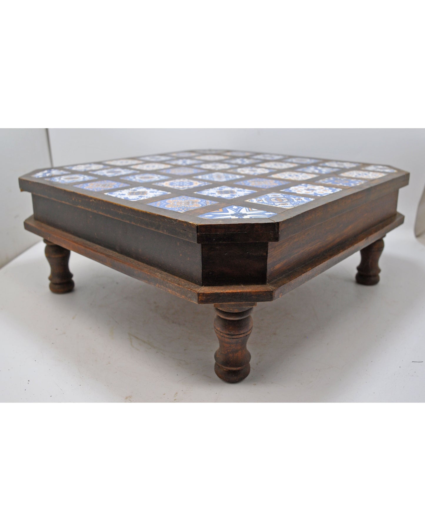 Vintage Wooden Square Choki Bajot Stool Original Old Hand Crafted Tile Fitted