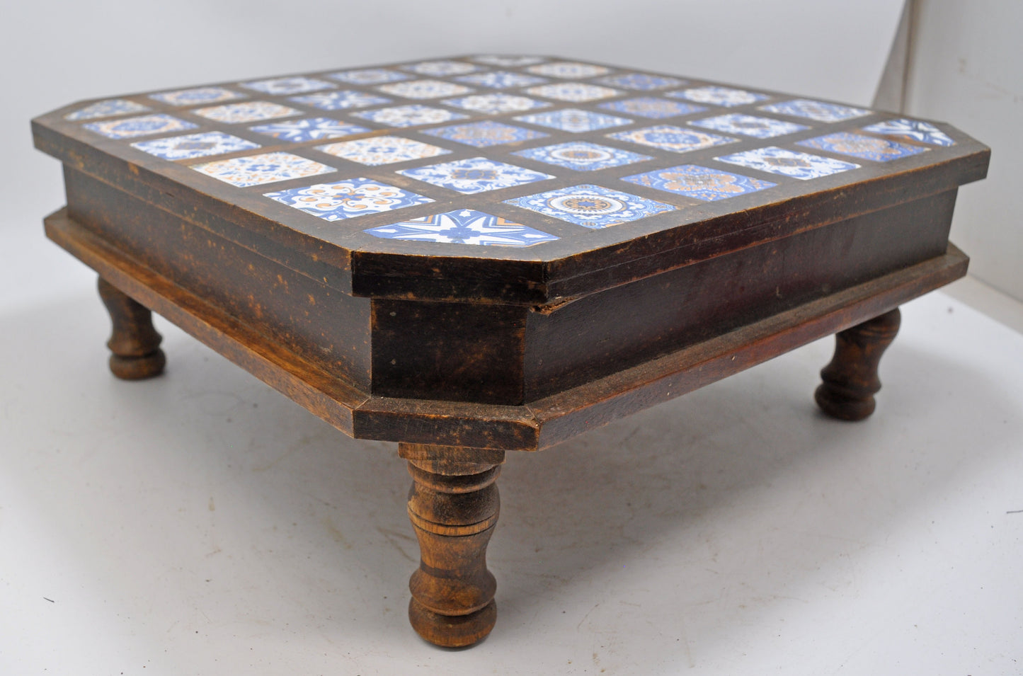 Vintage Wooden Square Choki Bajot Stool Original Old Hand Crafted Tile Fitted