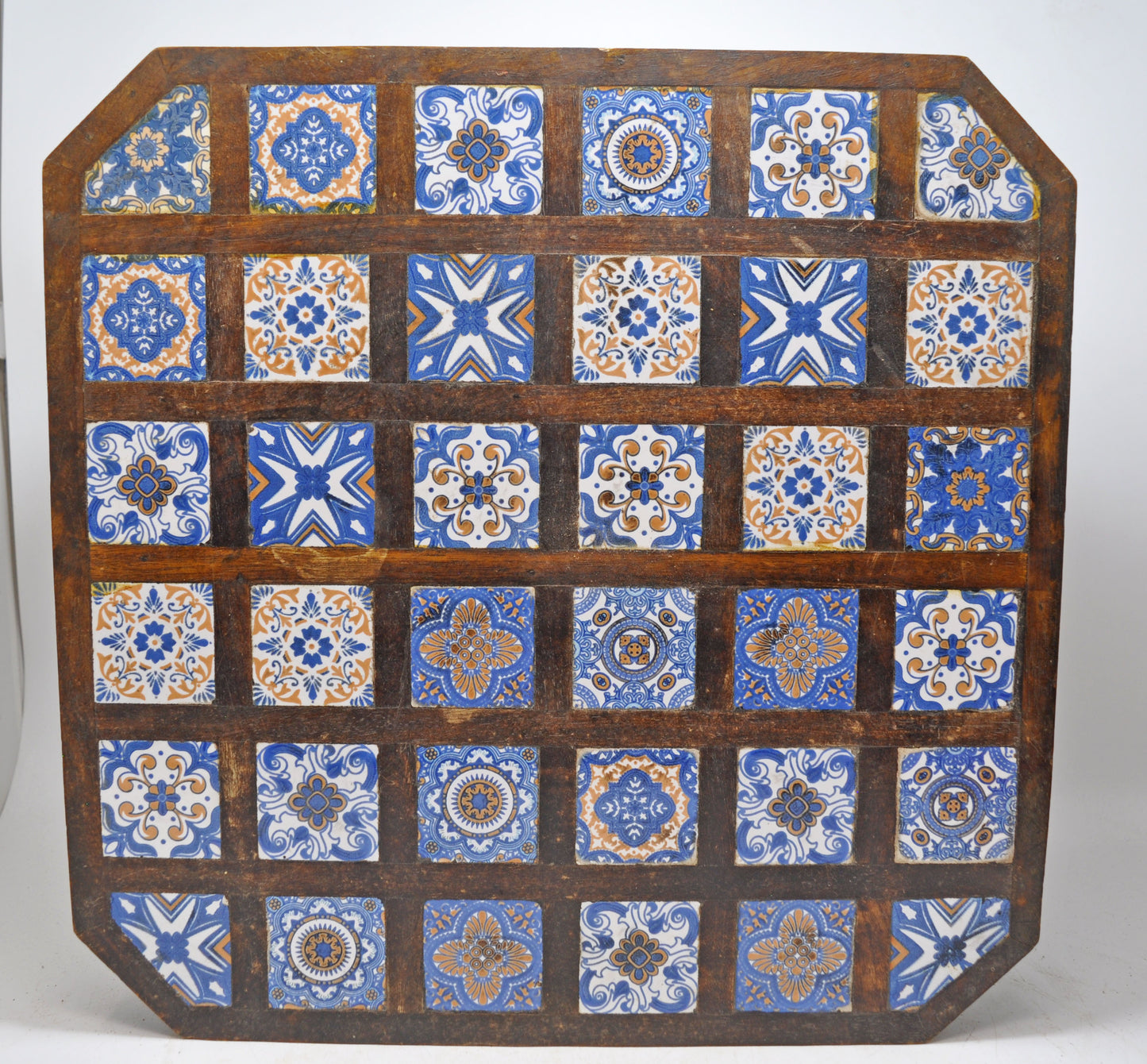 Vintage Wooden Square Choki Bajot Stool Original Old Hand Crafted Tile Fitted