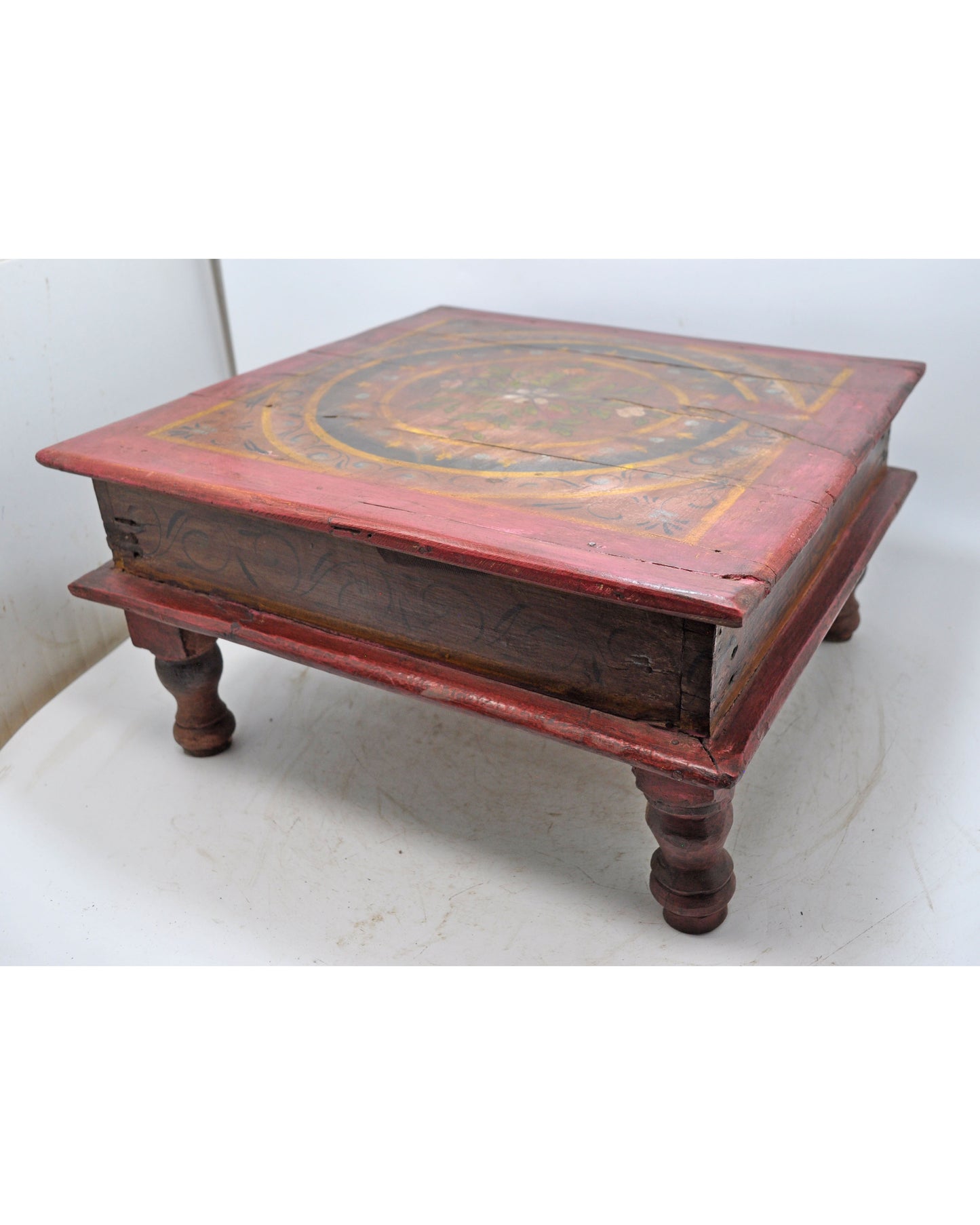 Antique Wooden Floor Sitting Bajot Stool Original Old Hand Crafted Painted