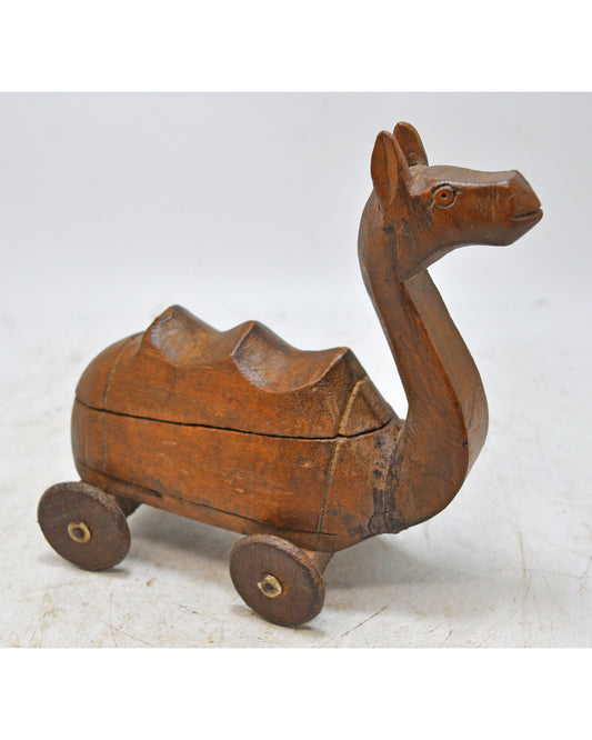 Vintage Wooden Camel on Wheels Figurine Spice Box Original Old Hand Carved