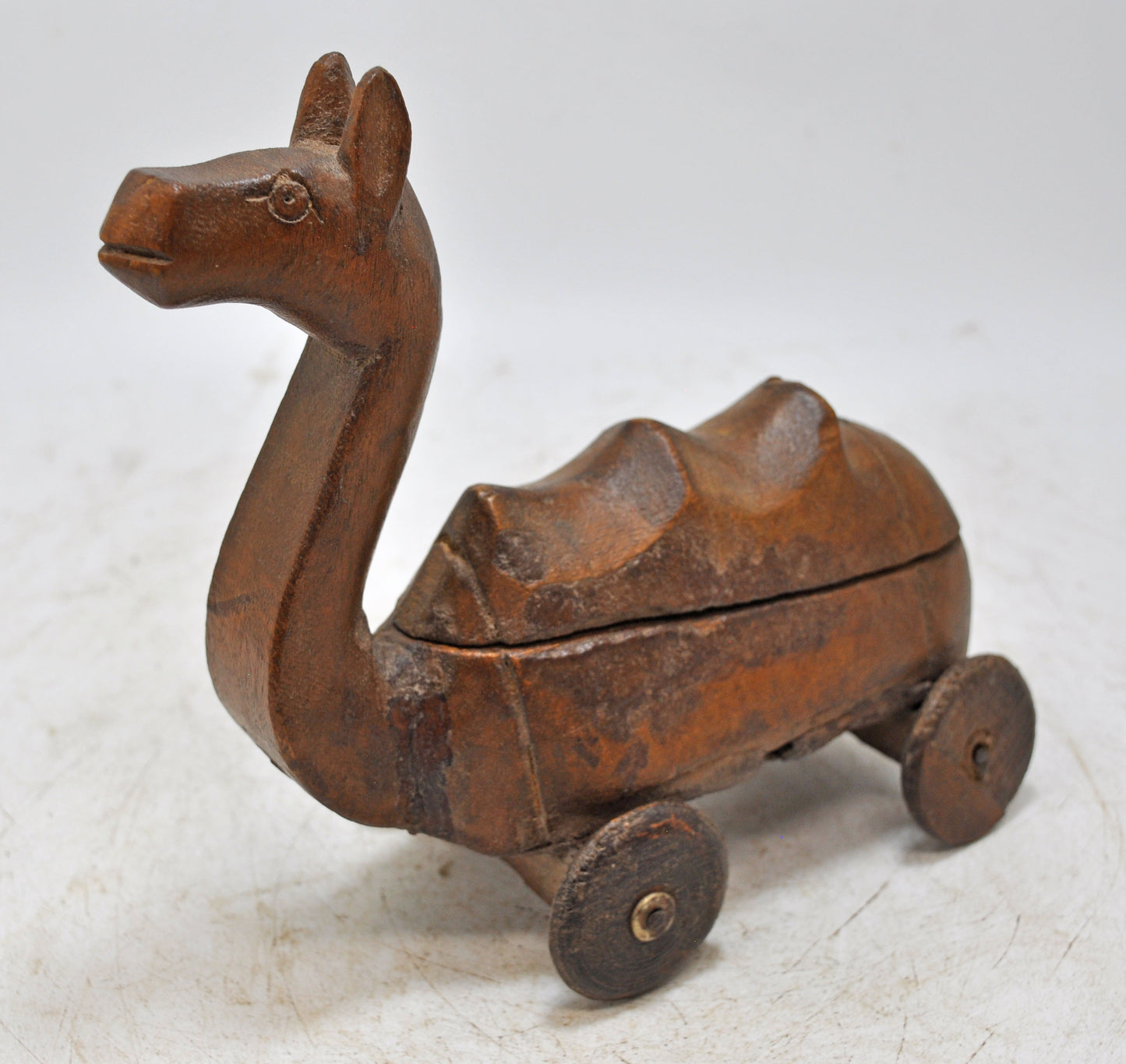 Vintage Wooden Camel on Wheels Figurine Spice Box Original Old Hand Carved