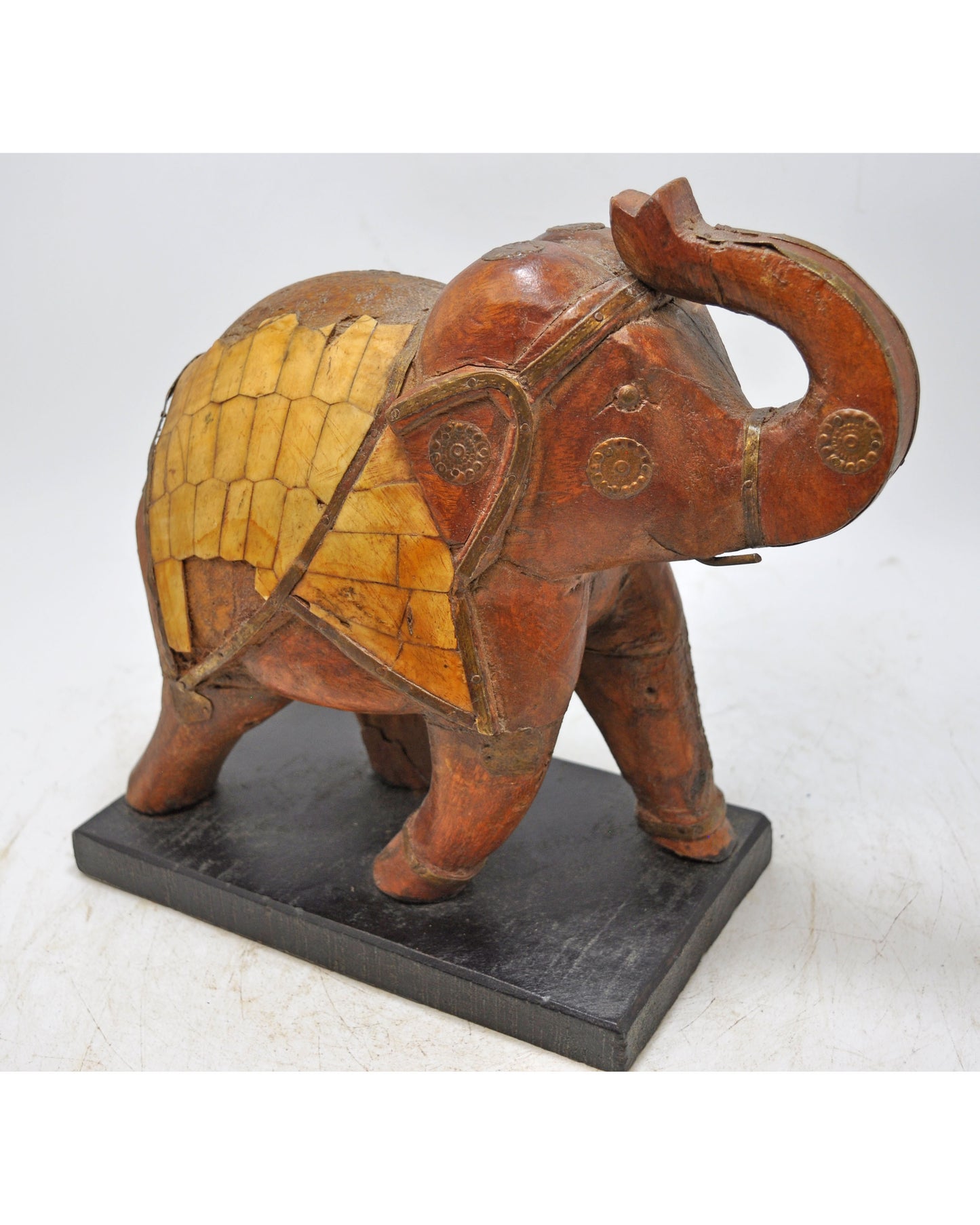 Vintage Wooden Elephant Figurine Original Old Hand Carved Bone Fitted