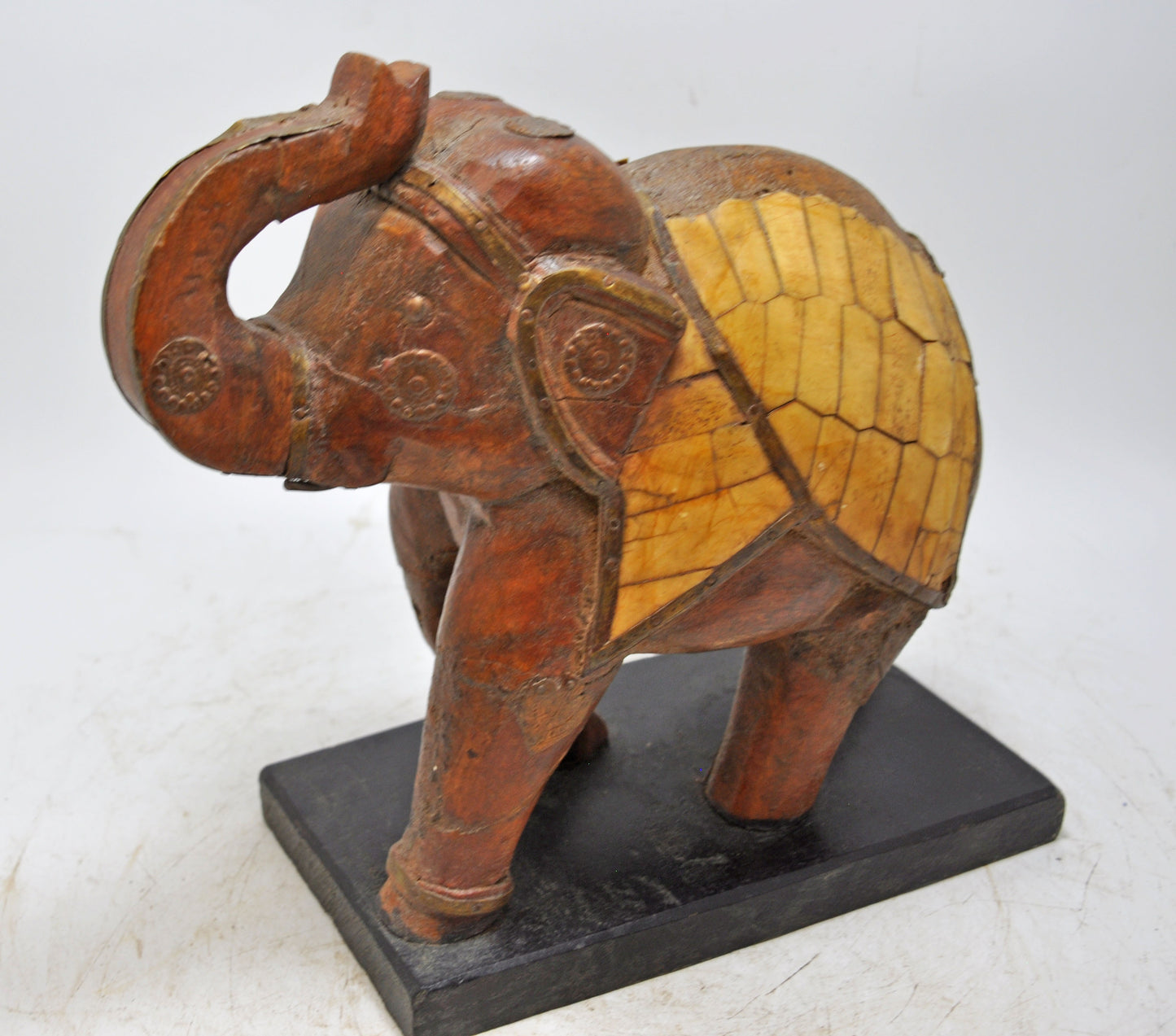 Vintage Wooden Elephant Figurine Original Old Hand Carved Bone Fitted
