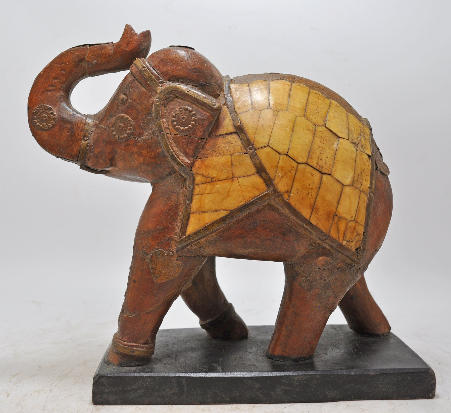 Vintage Wooden Elephant Figurine Original Old Hand Carved Bone Fitted