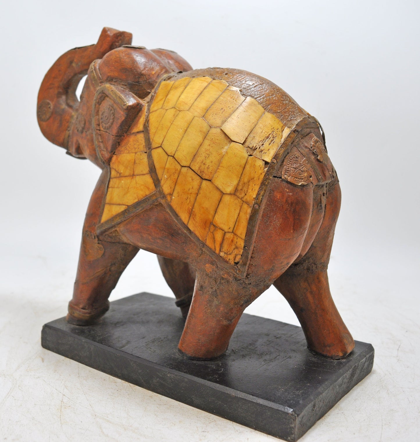 Vintage Wooden Elephant Figurine Original Old Hand Carved Bone Fitted