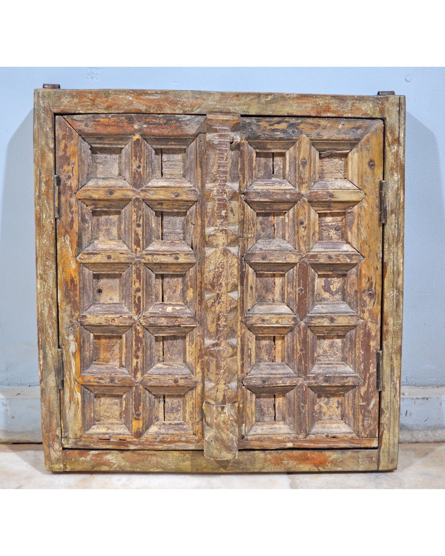 Antique Wooden Wall Décor Window Panel With Frame Square Blocks Crafted