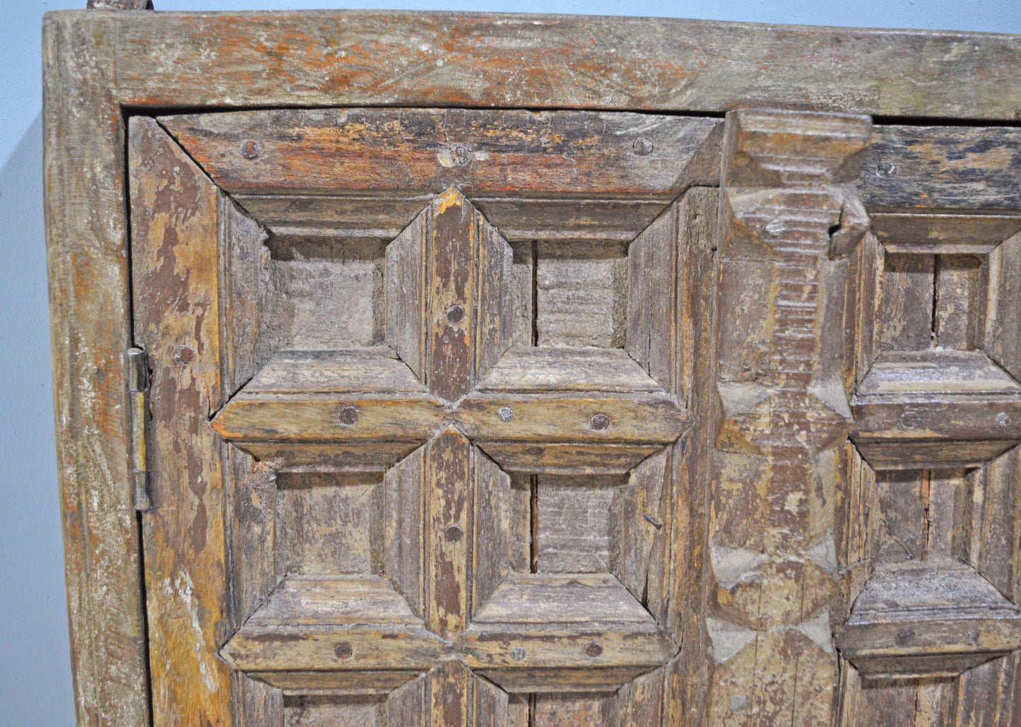 Antique Wooden Wall Décor Window Panel With Frame Square Blocks Crafted