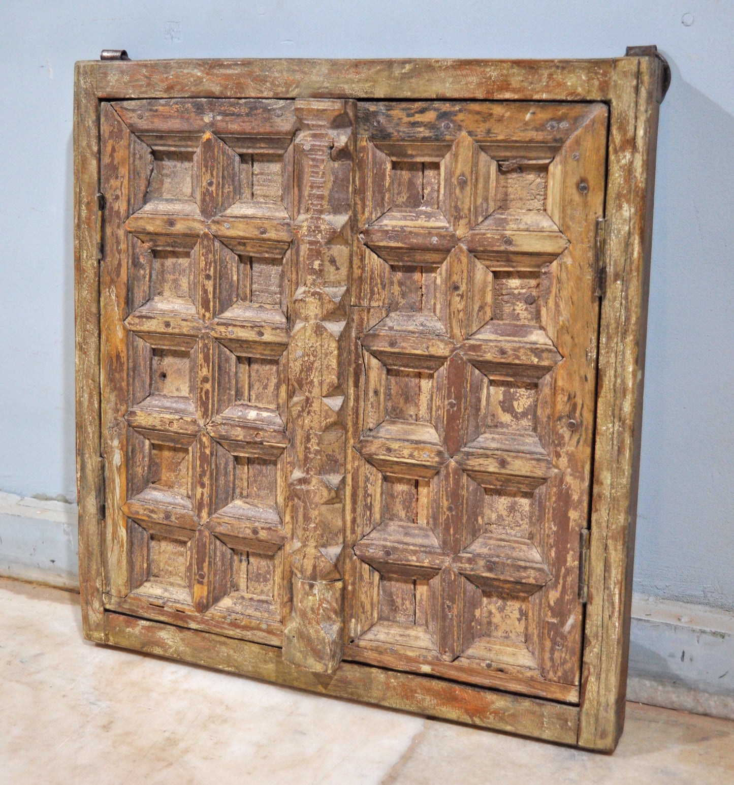 Antique Wooden Wall Décor Window Panel With Frame Square Blocks Crafted