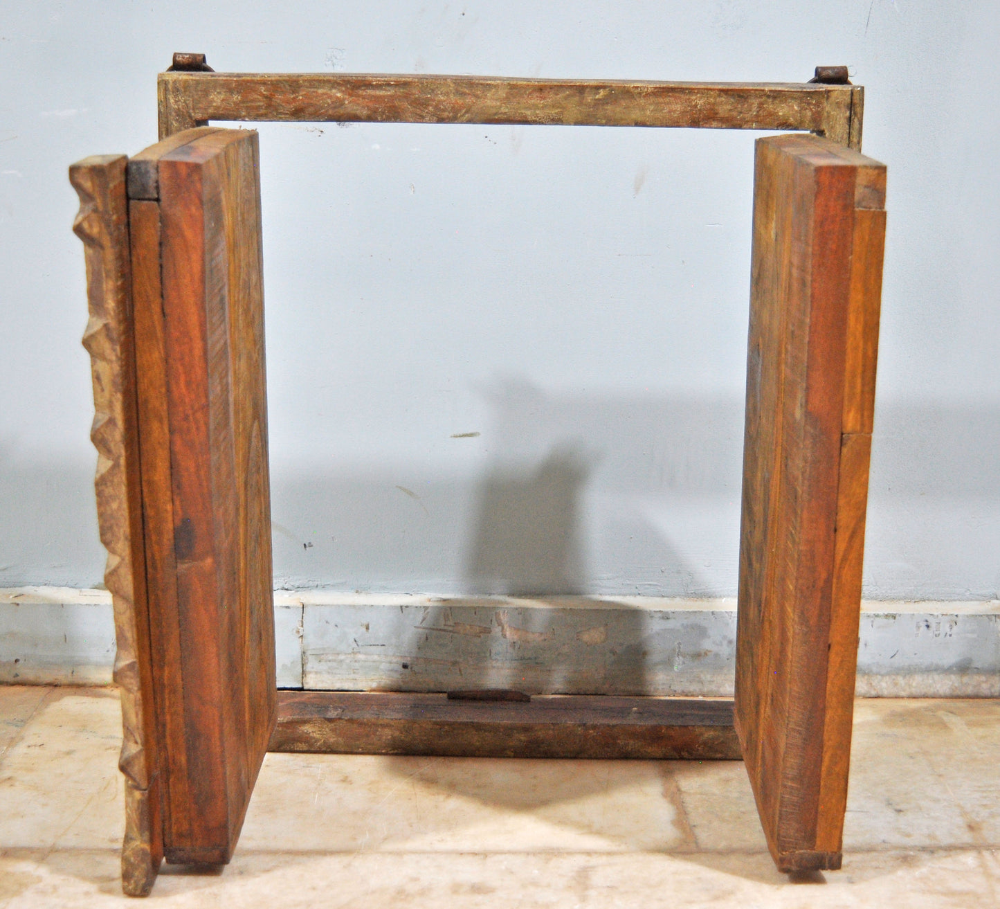 Antique Wooden Wall Décor Window Panel With Frame Square Blocks Crafted
