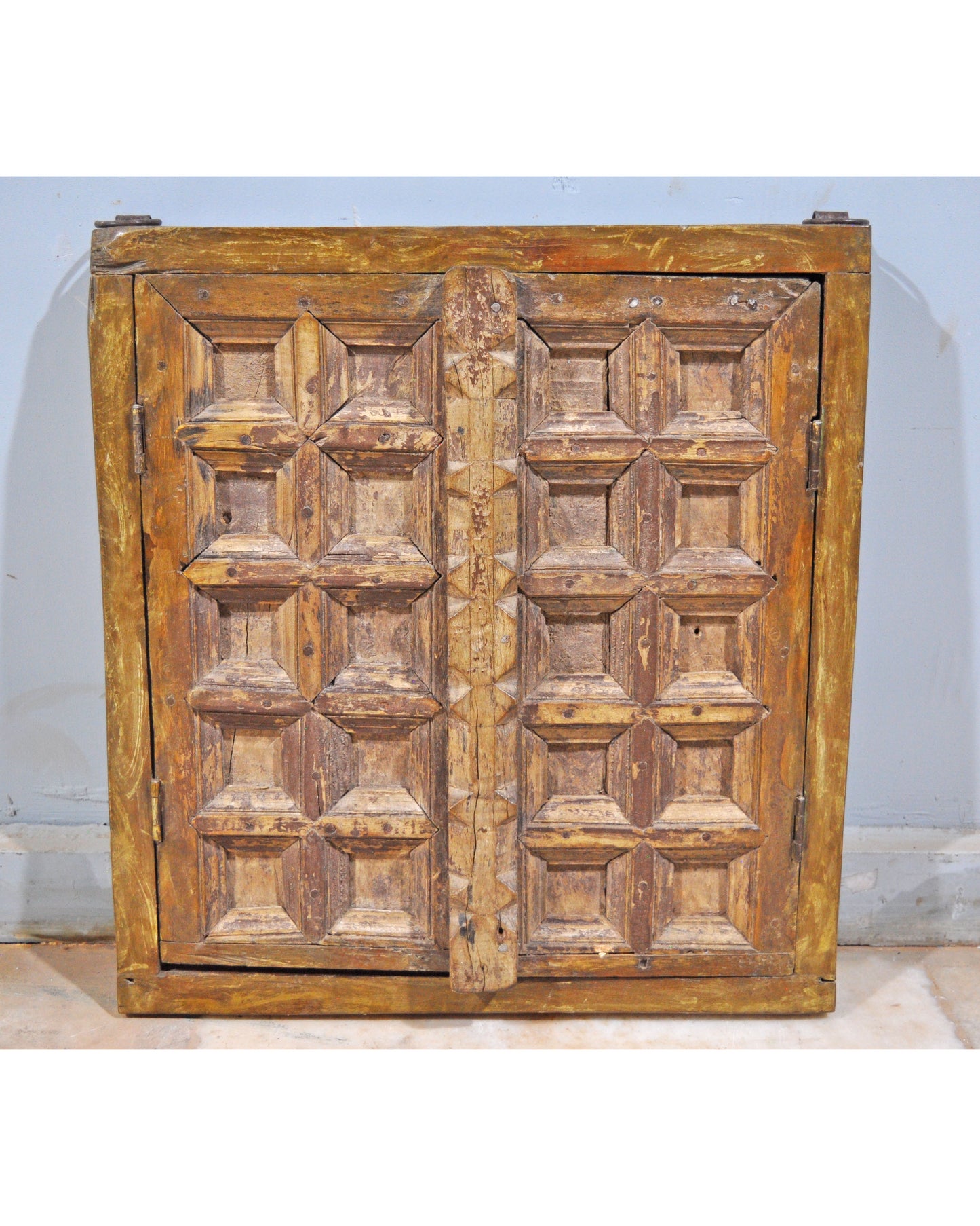 Antique Wooden Wall Décor Window Panel With Frame Square Blocks Crafted