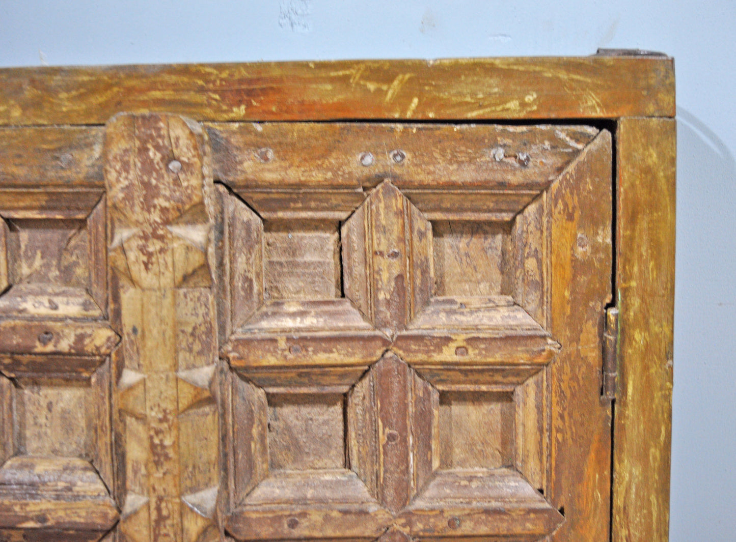 Antique Wooden Wall Décor Window Panel With Frame Square Blocks Crafted