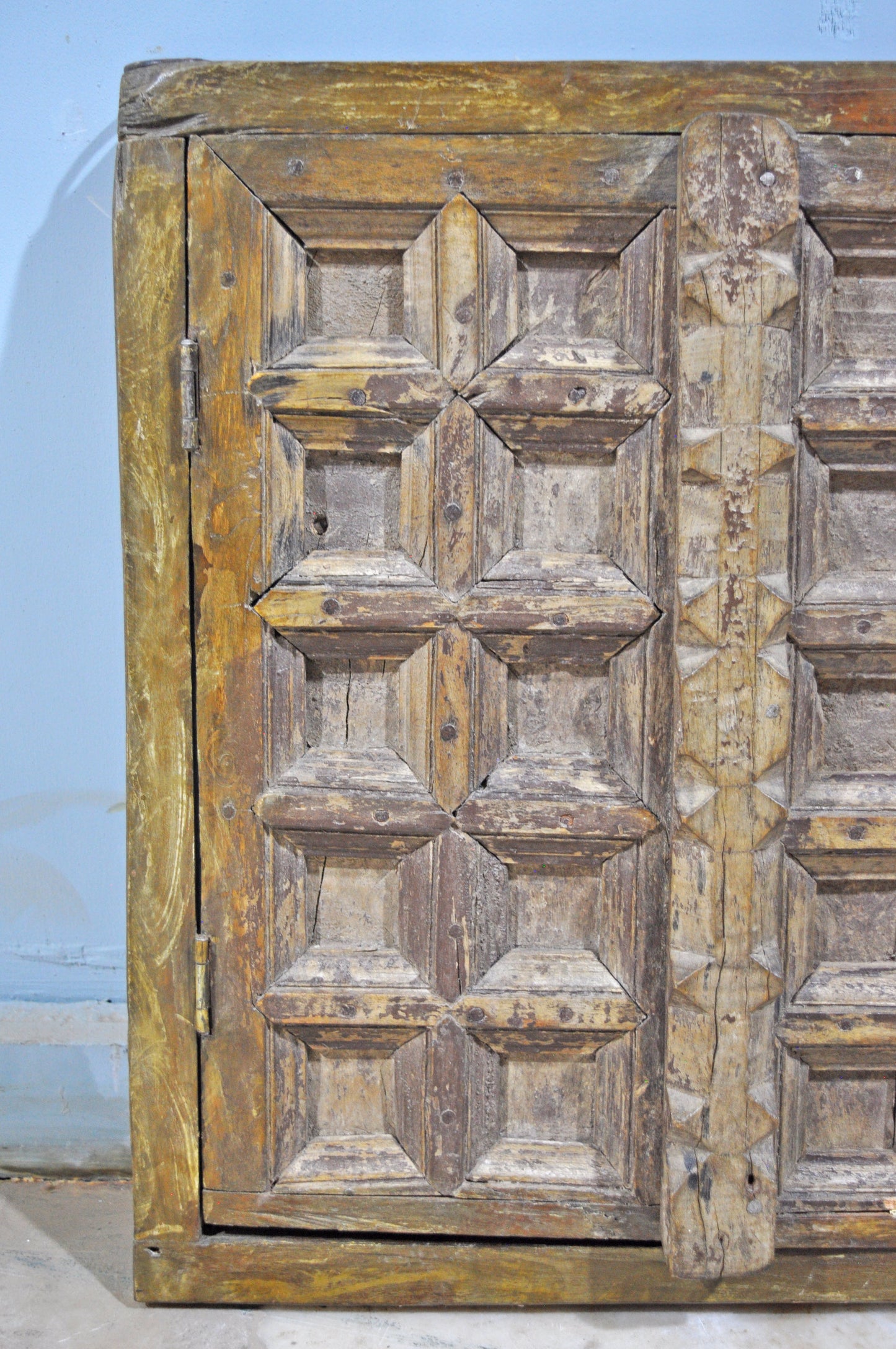 Antique Wooden Wall Décor Window Panel With Frame Square Blocks Crafted