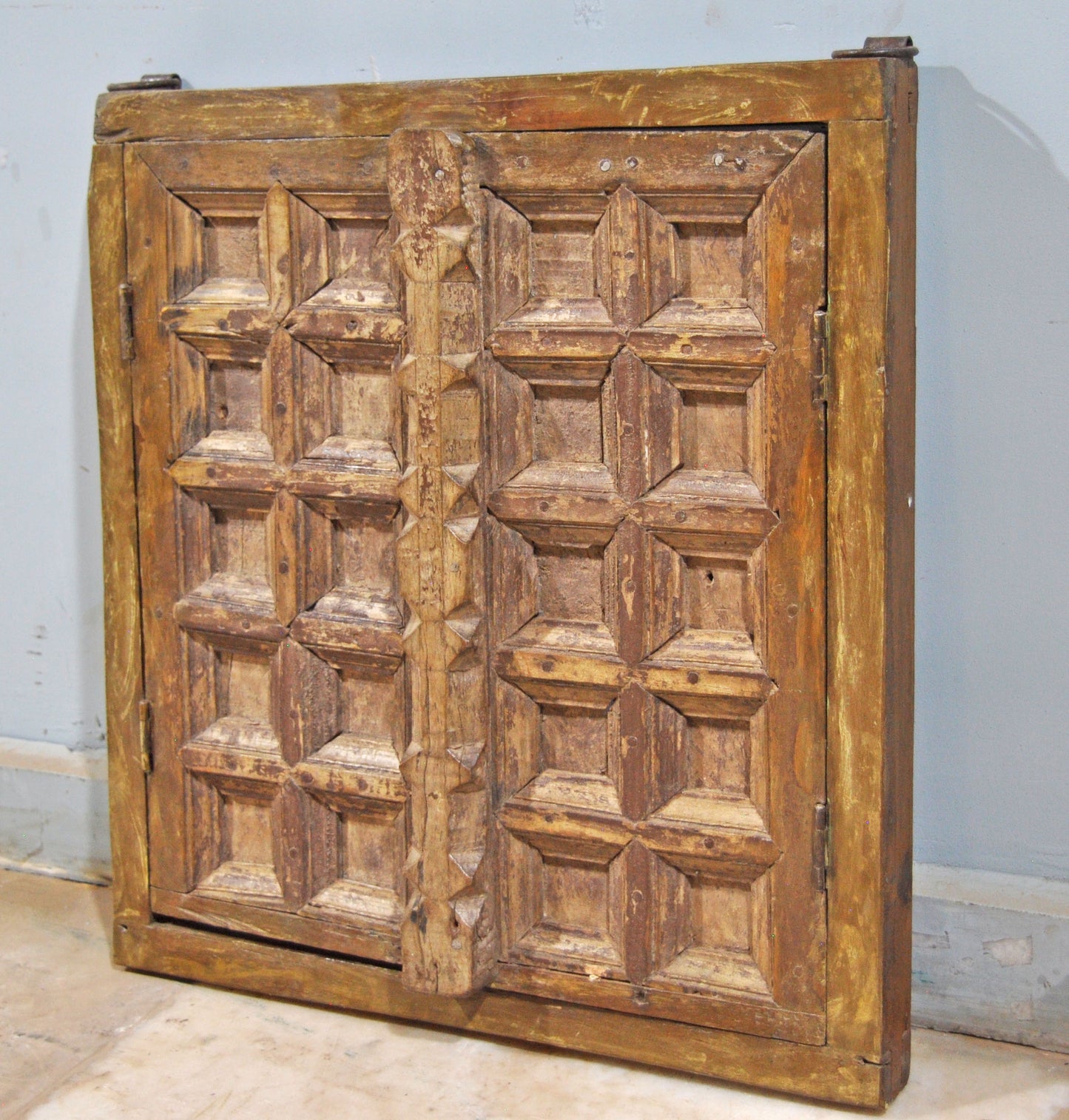 Antique Wooden Wall Décor Window Panel With Frame Square Blocks Crafted