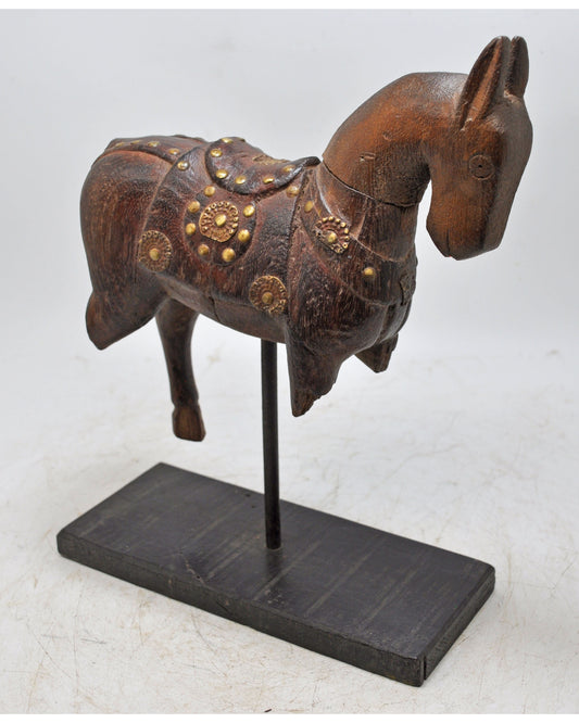 Vintage Wooden Horse Figurine on Stand Original Old Hand Carved Brass Fitted