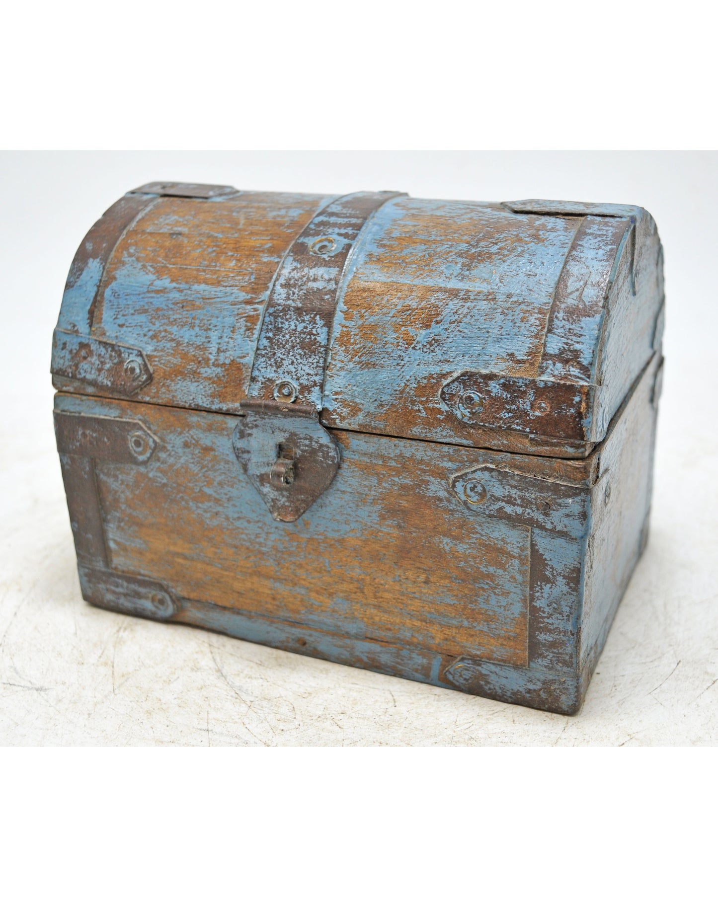 Vintage Wooden Half Round Top Storage Box Original Old Metal Fitted Polychrome