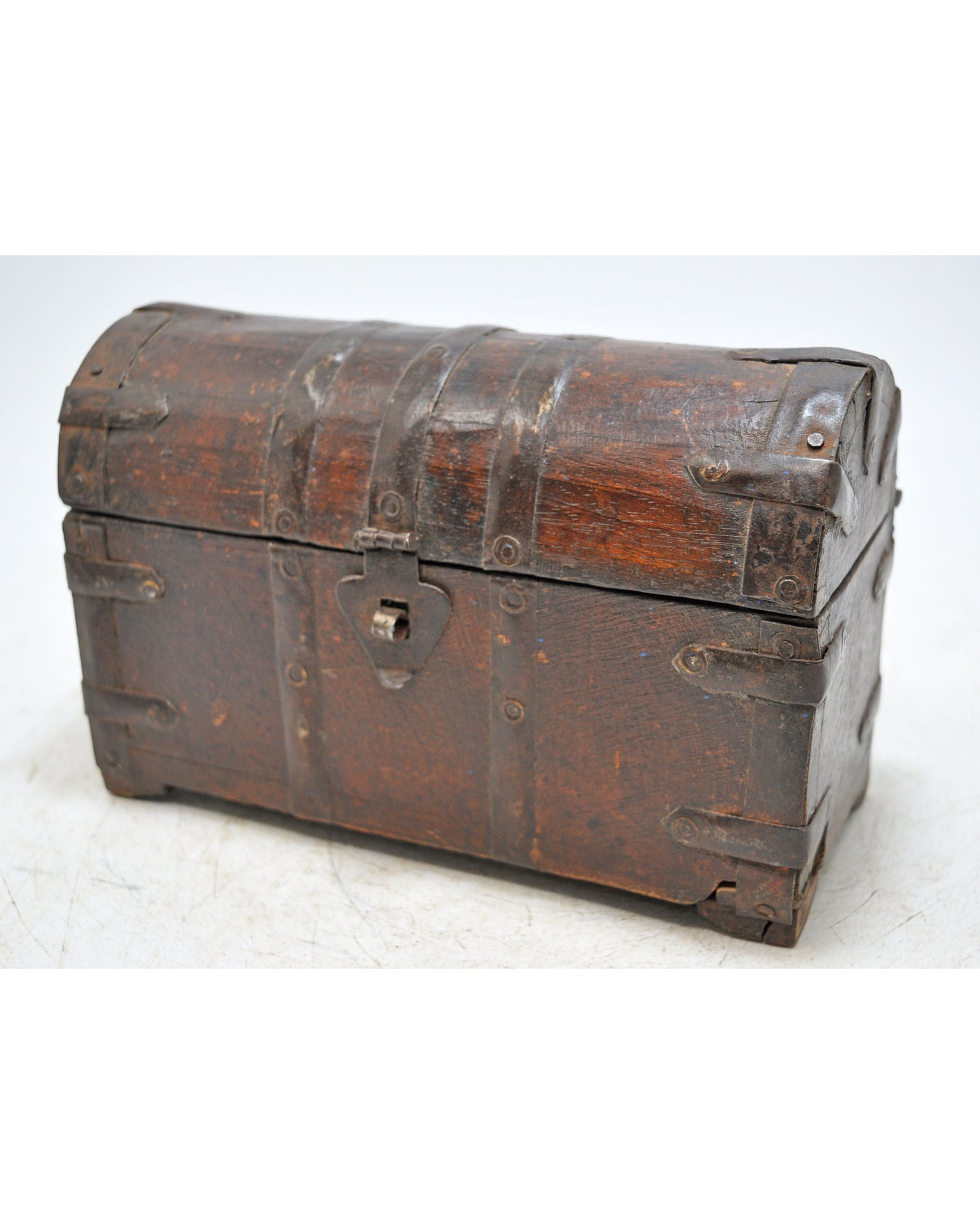 Vintage Wooden Half Round Top Storage Box Original Old Hand Crafted Metal Fitted