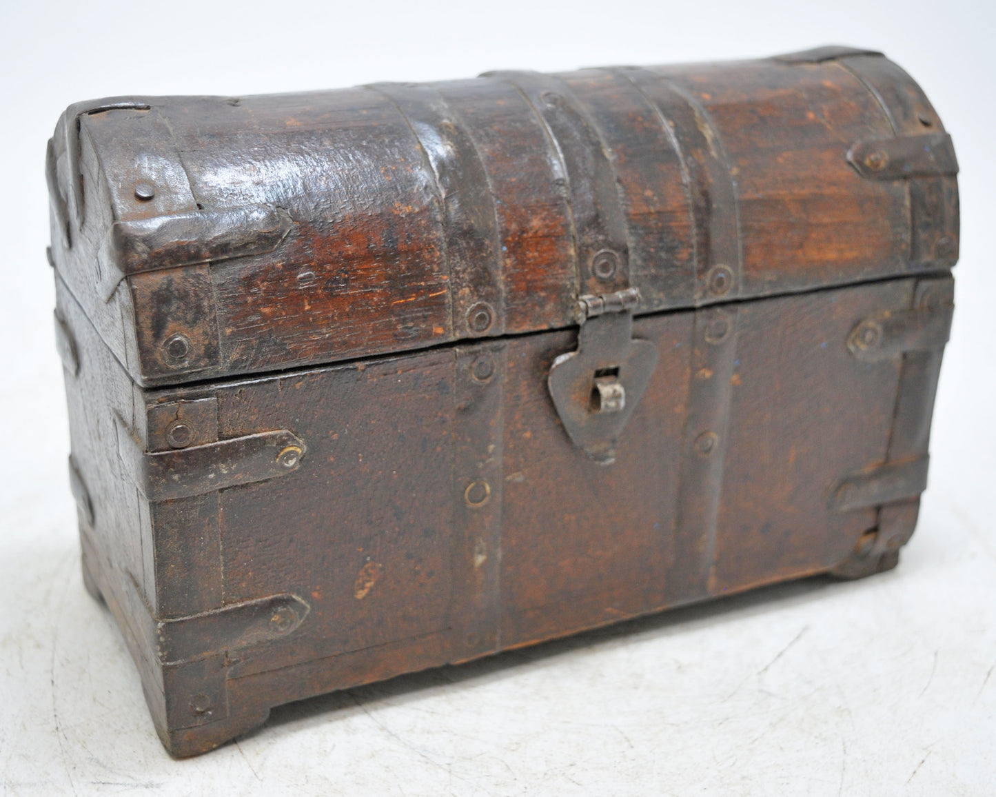Vintage Wooden Half Round Top Storage Box Original Old Hand Crafted Metal Fitted