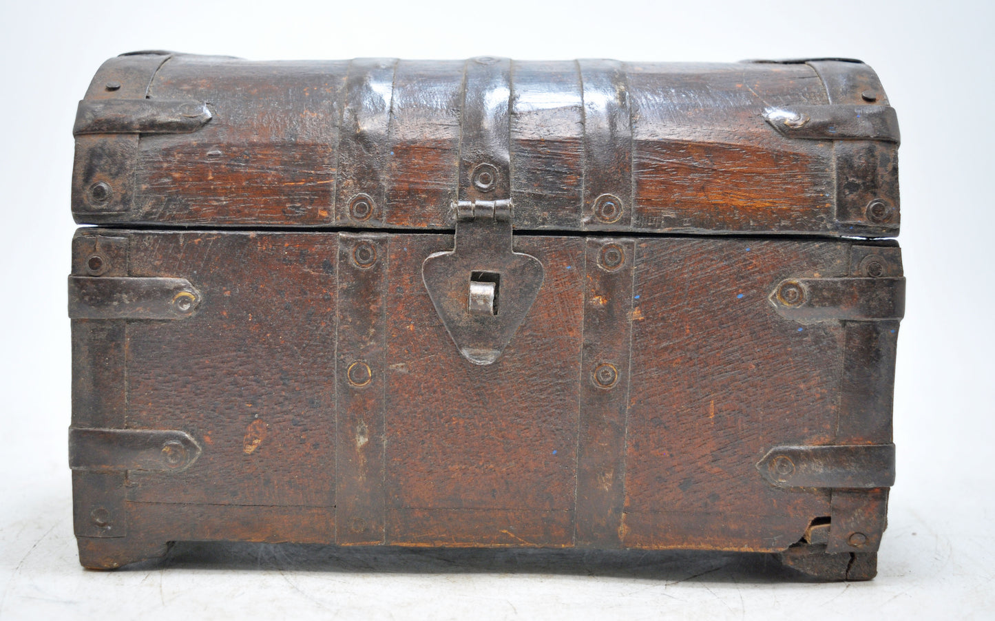 Vintage Wooden Half Round Top Storage Box Original Old Hand Crafted Metal Fitted