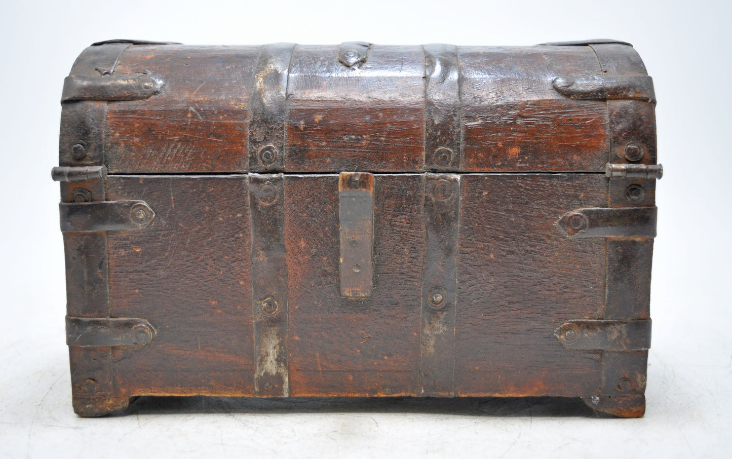 Vintage Wooden Half Round Top Storage Box Original Old Hand Crafted Metal Fitted
