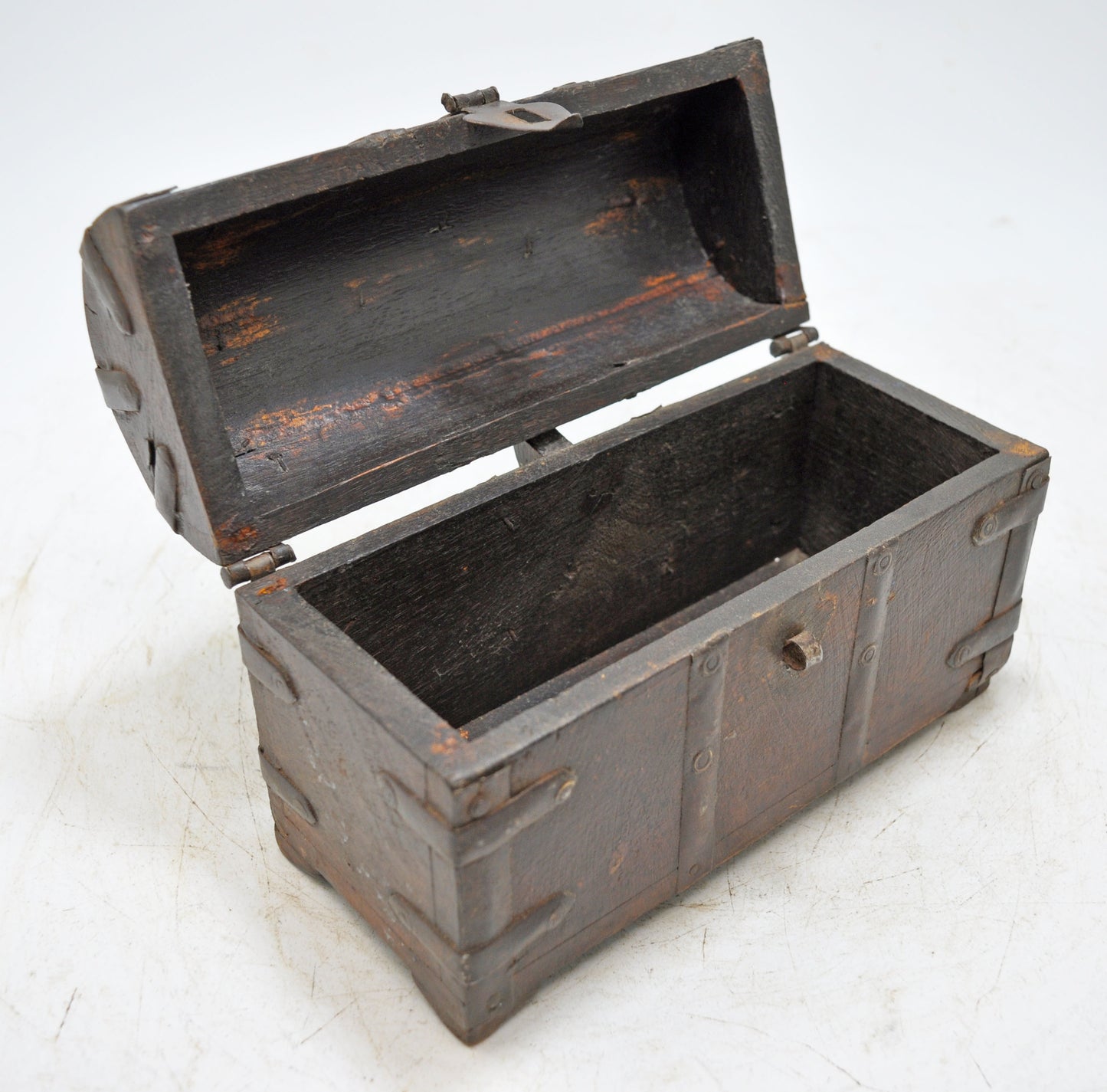 Vintage Wooden Half Round Top Storage Box Original Old Hand Crafted Metal Fitted