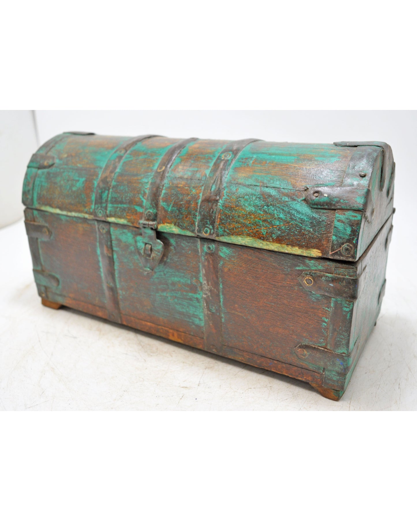 Vintage Wooden Half Round Top Storage Box Original Old Metal Fitted Polychrome