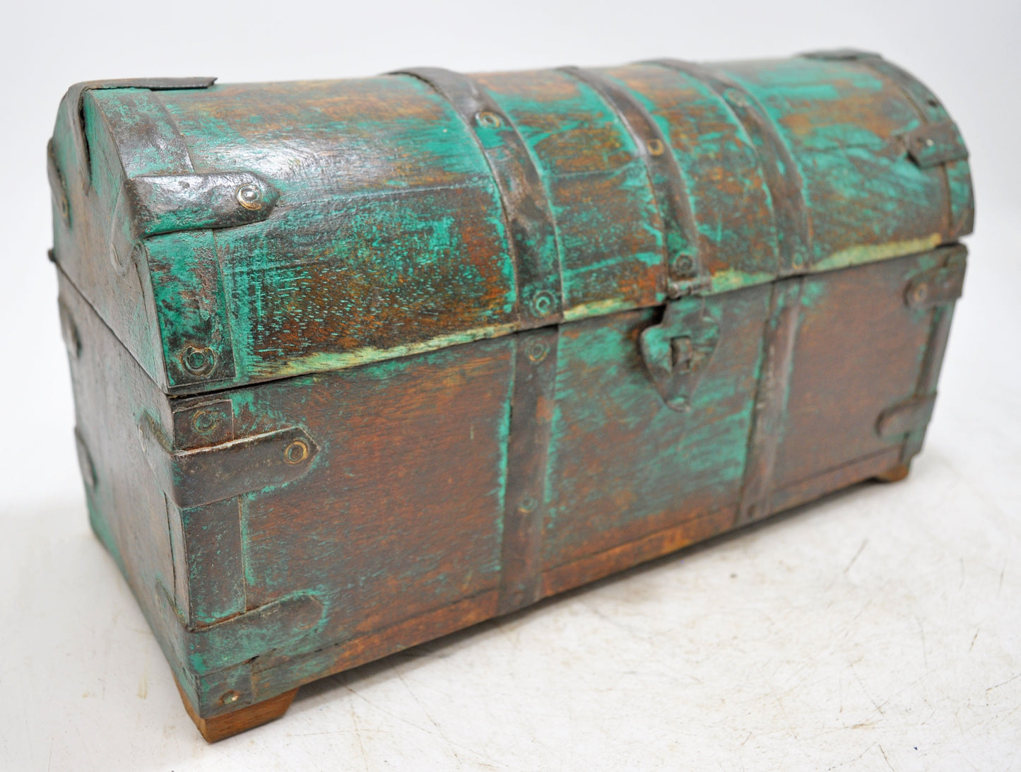 Vintage Wooden Half Round Top Storage Box Original Old Metal Fitted Polychrome