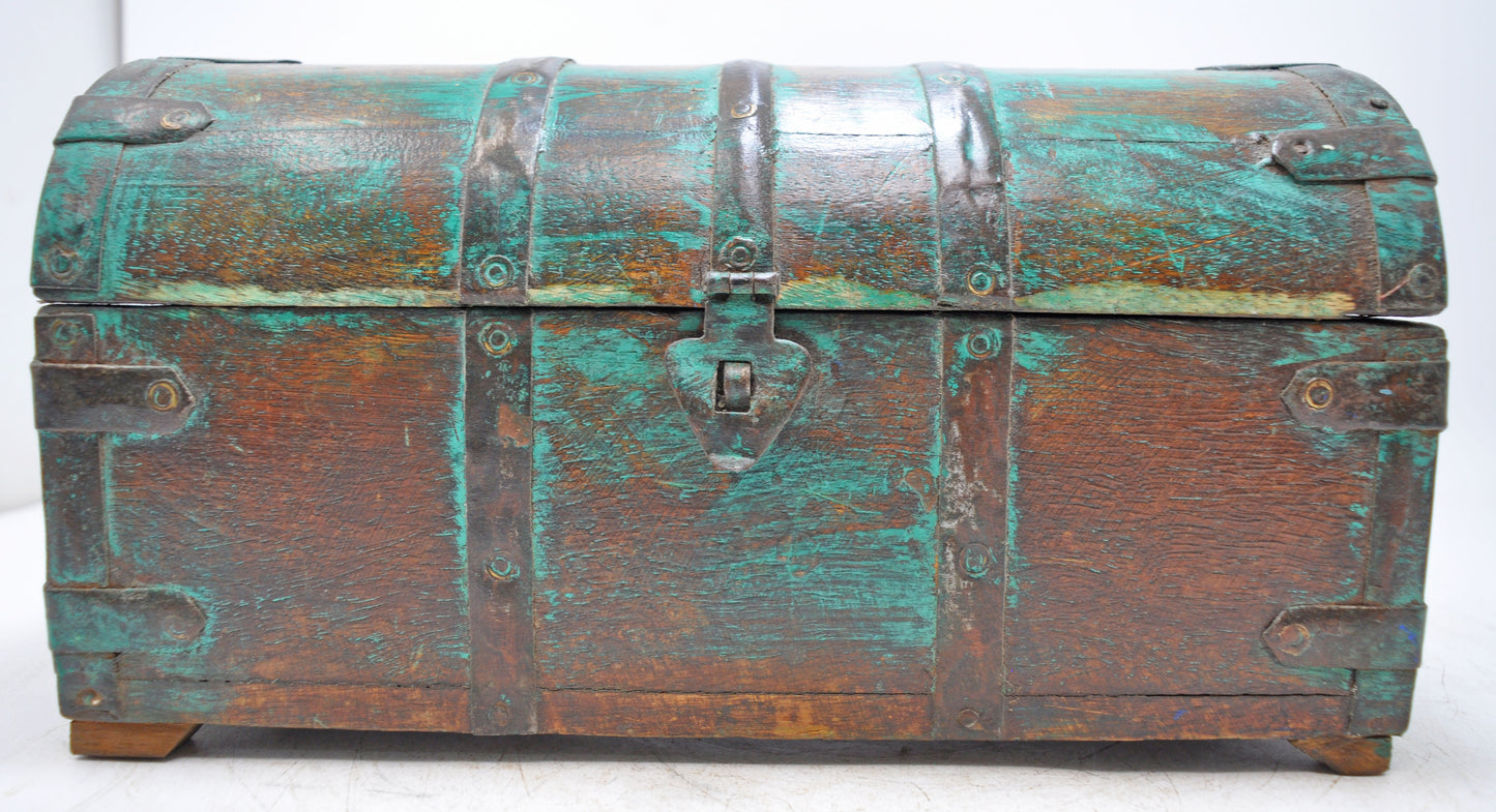 Vintage Wooden Half Round Top Storage Box Original Old Metal Fitted Polychrome