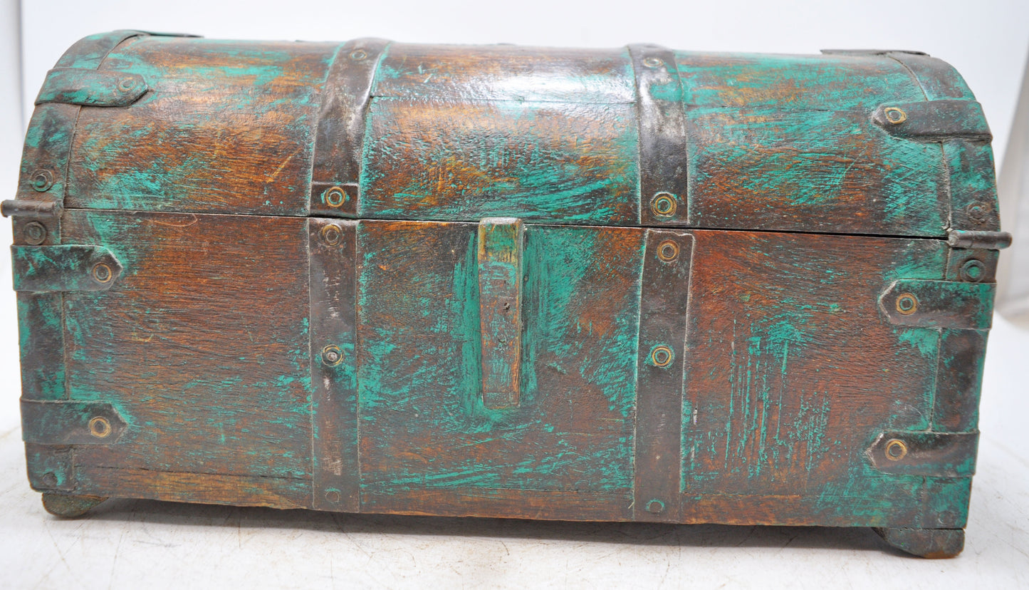 Vintage Wooden Half Round Top Storage Box Original Old Metal Fitted Polychrome