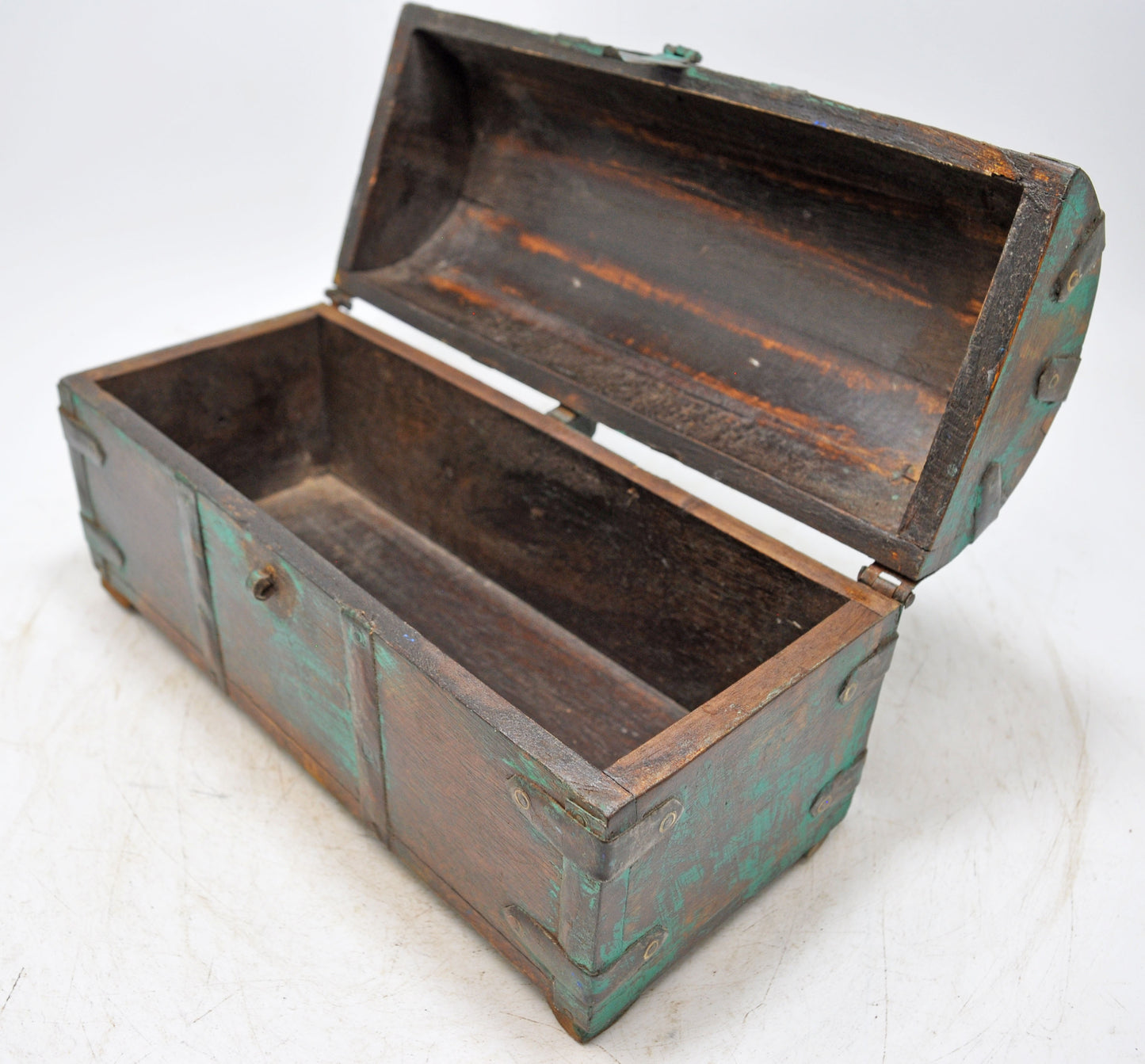 Vintage Wooden Half Round Top Storage Box Original Old Metal Fitted Polychrome