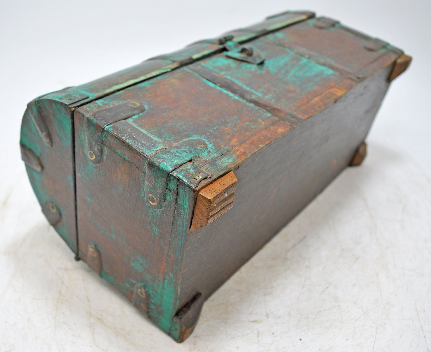 Vintage Wooden Half Round Top Storage Box Original Old Metal Fitted Polychrome