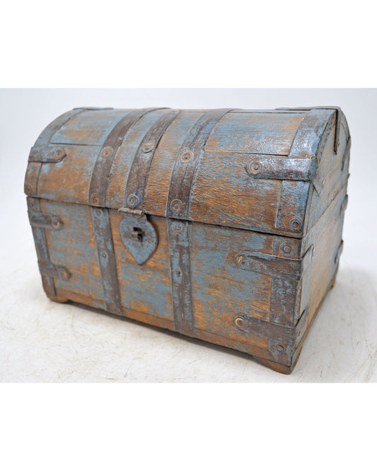 Vintage Wooden Half Round Top Storage Box Original Old Metal Fitted Polychrome